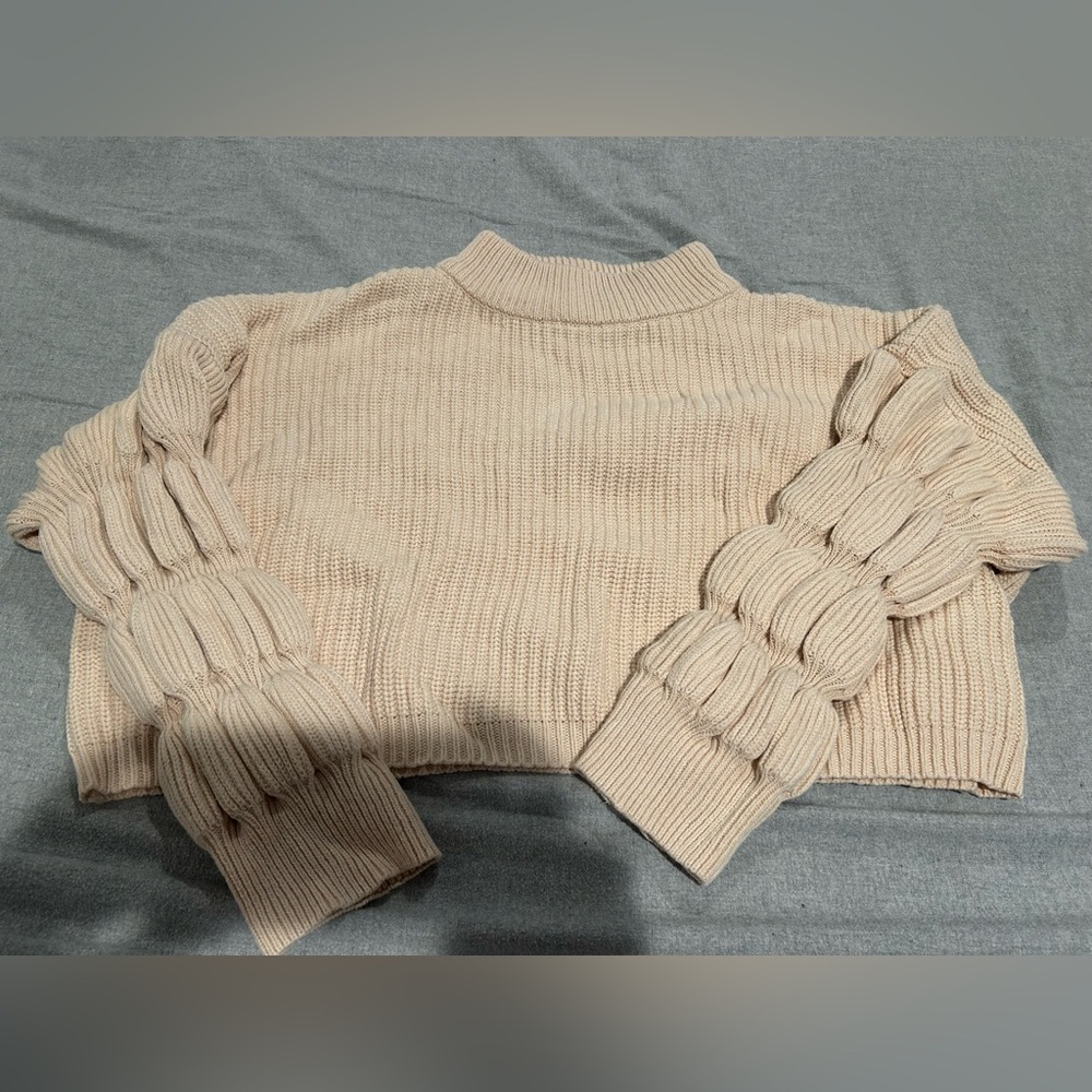 Cream Cowl Neck Sweater with Ribbed Texture and Ruched Sleeves -Small